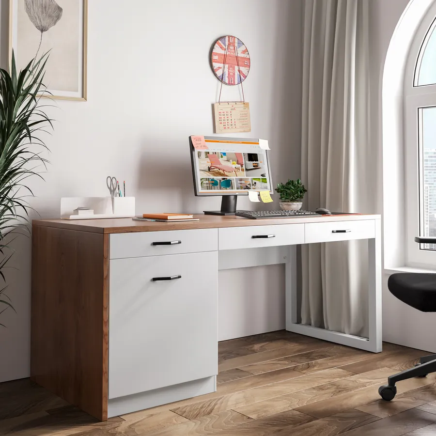 Scrivania 170x75h in legno bianco con top rovere e cassettiera