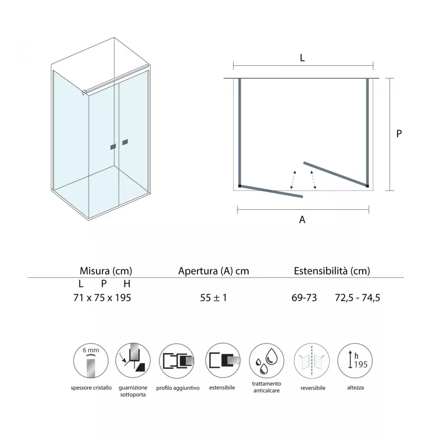 Box doccia 70x75 cm doppia porta saloon anticalcare 195h cm - Tempo Evo