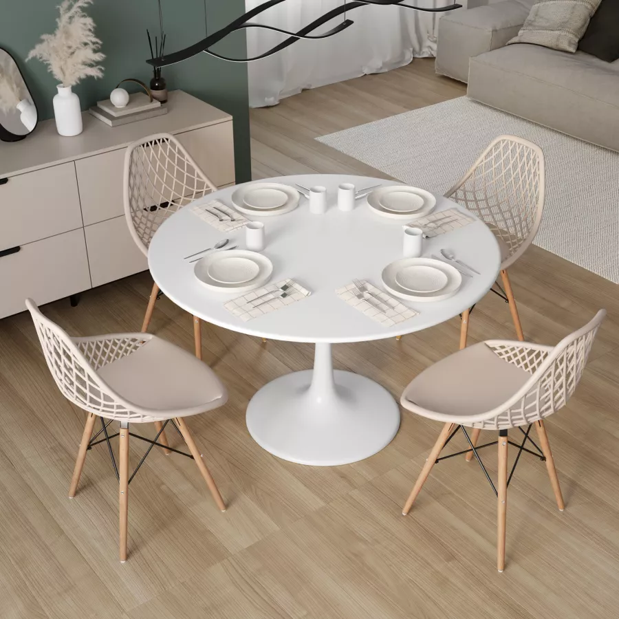 Set 4 sedie in polipropilene crema con schienale traforato e gambe in legno  - Cherie