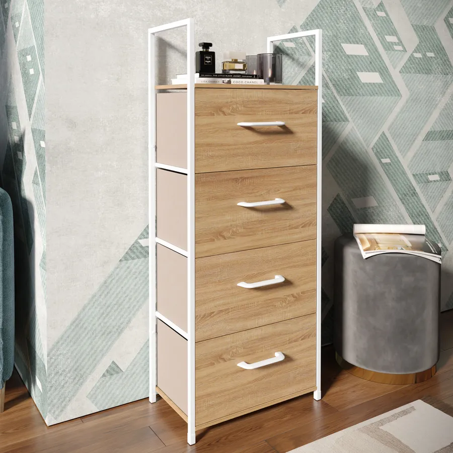 Comò 4 cassetti stile contemporaneo, finitura Rovere chiaro