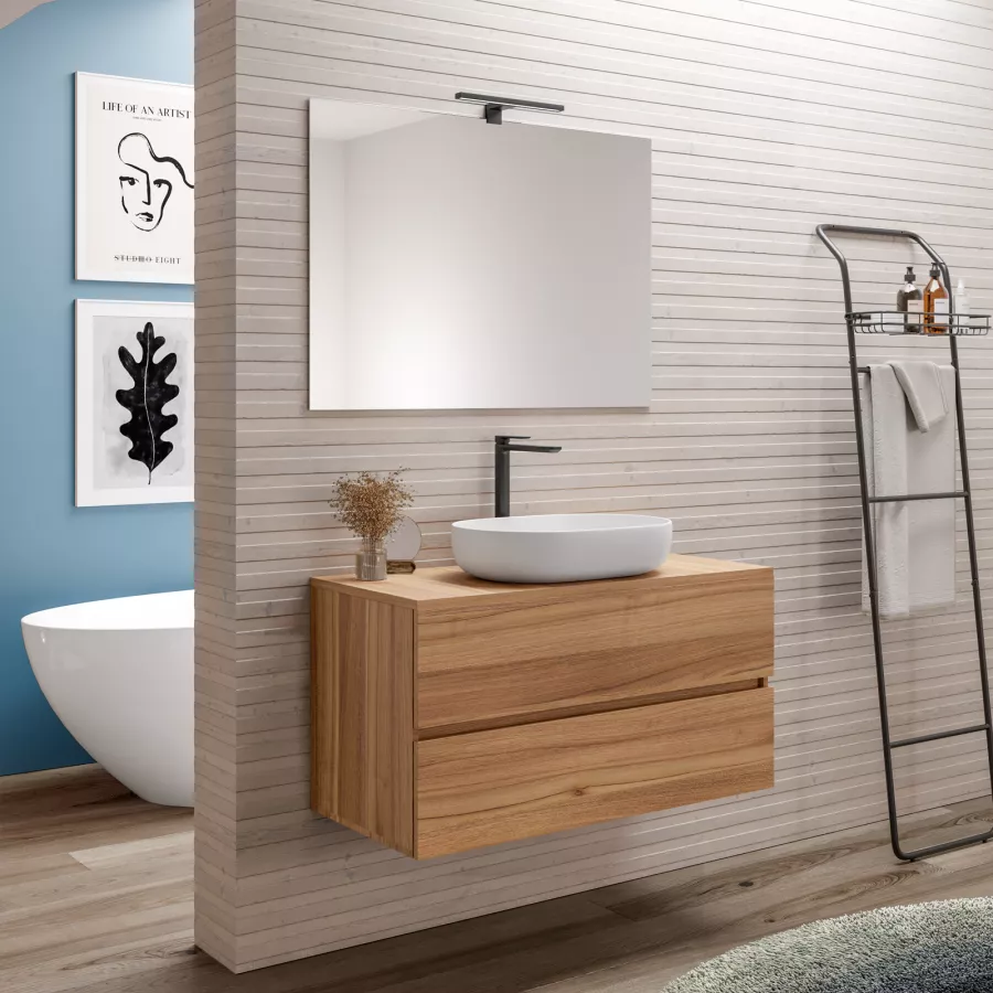 Mobile bagno sospeso portalavabo 100 cm rovere sabbia con cassetti e  specchio - Nashy