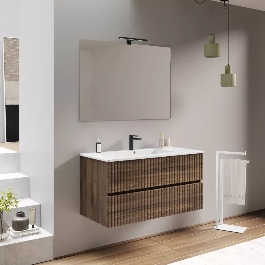 Mobile bagno sospeso 100 cm castagno lander cannettato con lavabo integrato  e specchio - Kamas