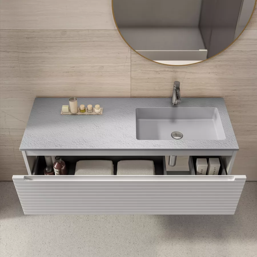 Mobile bagno sospeso 120 cm bianco opaco cannettato con lavabo grigio  effetto pietra dx e specchio 