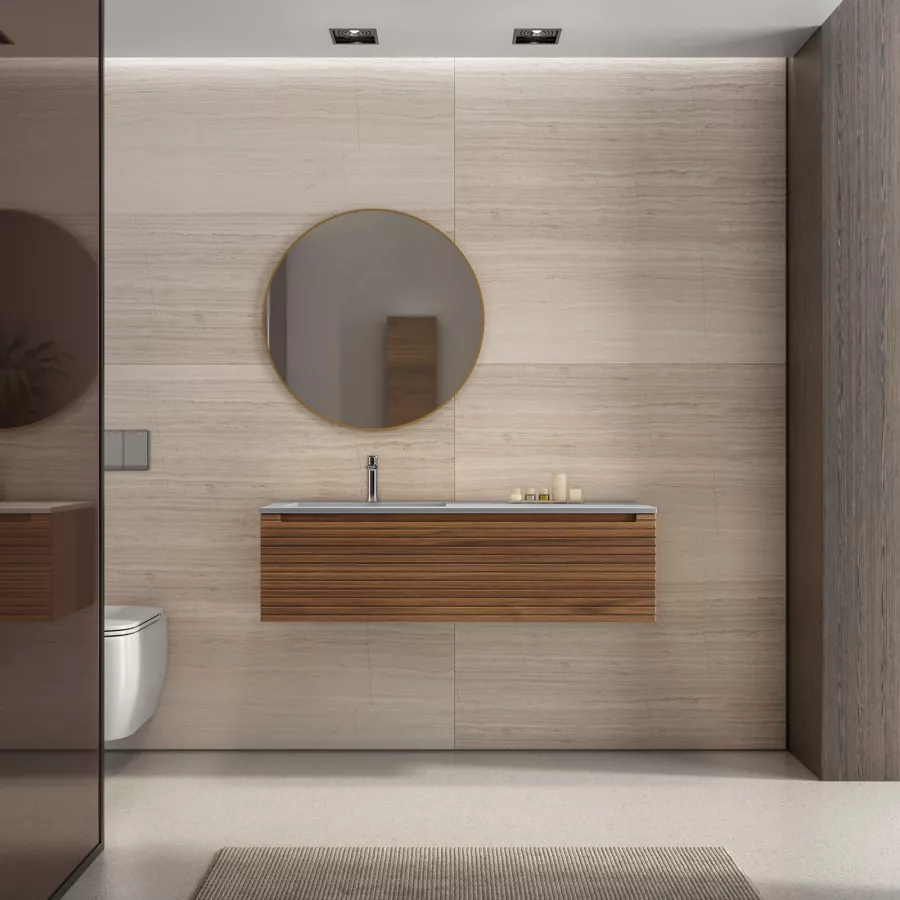 005302 - Mobile bagno sospeso base 120 LIA Noce con inserti in vetro  specchio Fumè e lavabo 