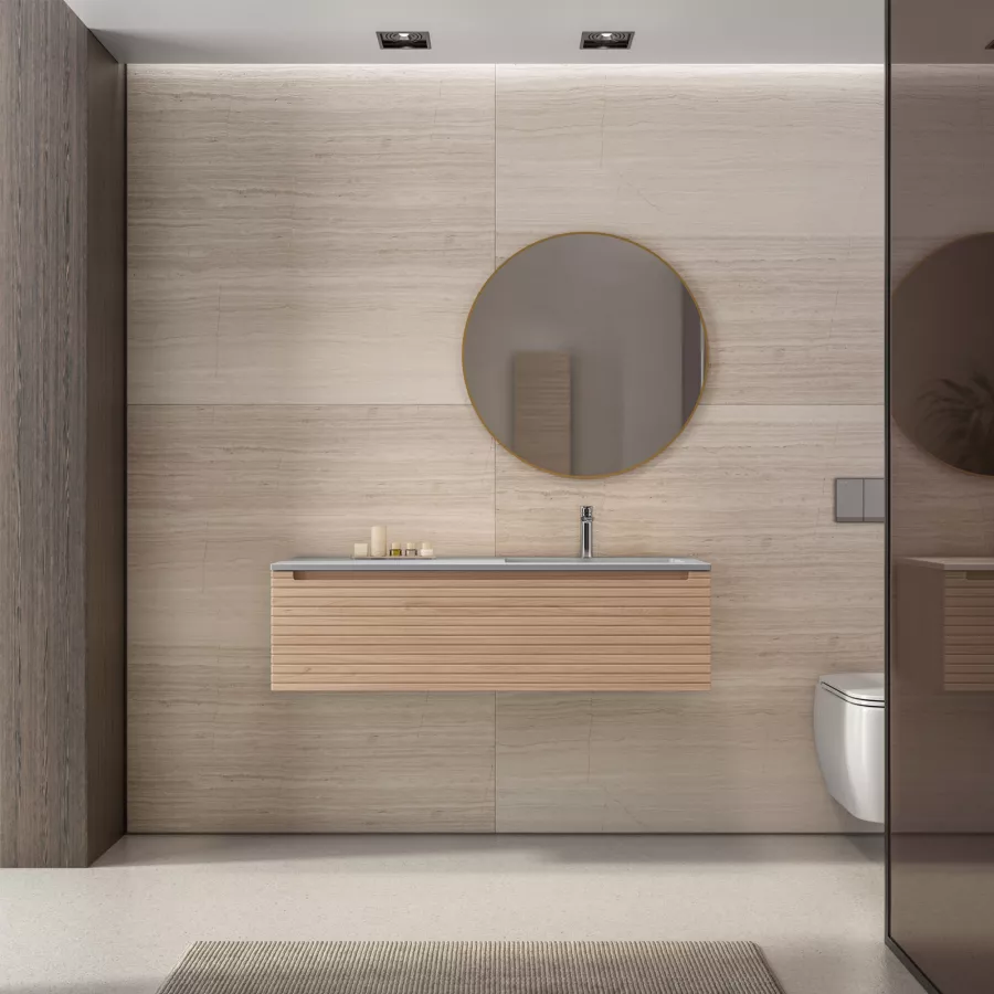 Mobile bagno sospeso 120 cm rovere portofino cannettato con lavabo grigio  effetto pietra dx e specchio 