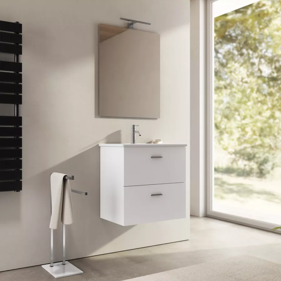 Mobile bagno sospeso 60 cm bianco opaco con lavabo integrato e specchio -  Bip