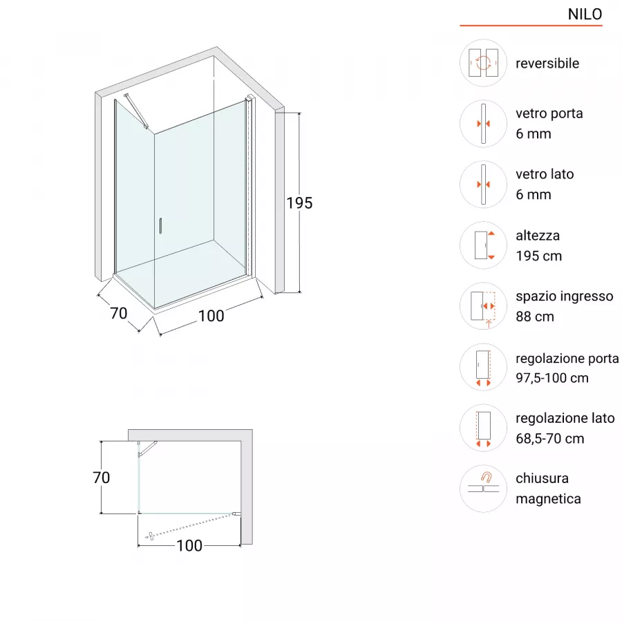 Box doccia 70x100 cm battente 100 cm con vetro temperato fumé e profilo  nero 190h - Nilo