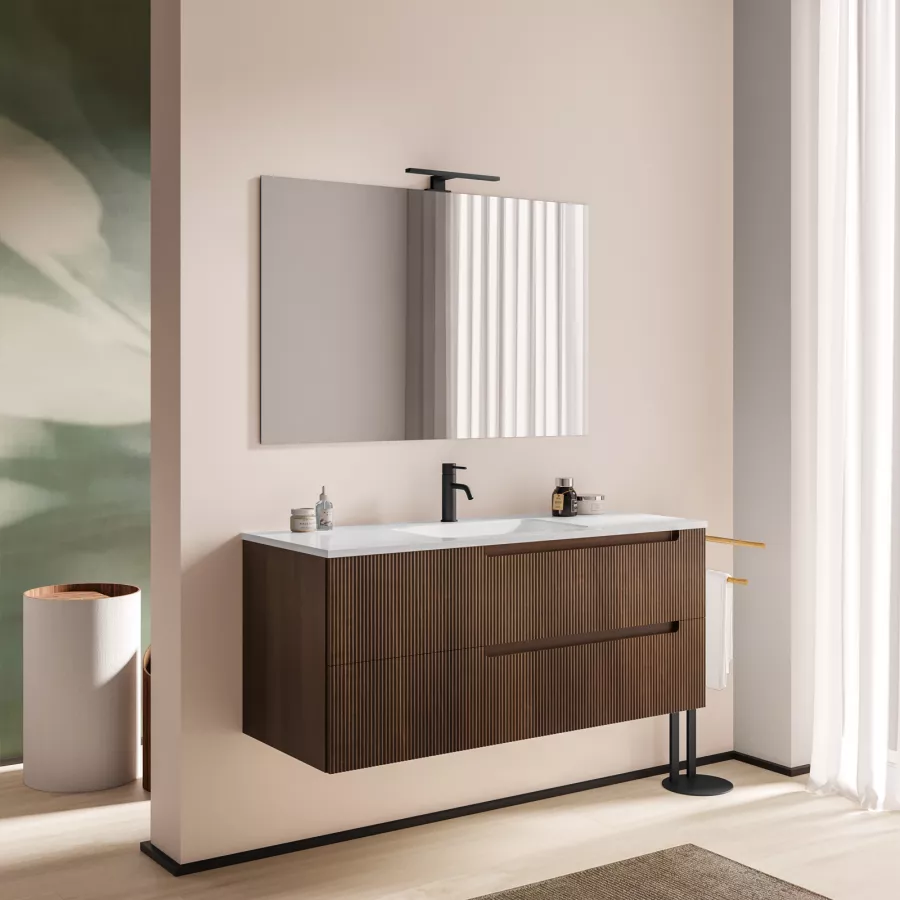 Mobile bagno sospeso 120 cm rovere wenge cannettato e specchio - Konai