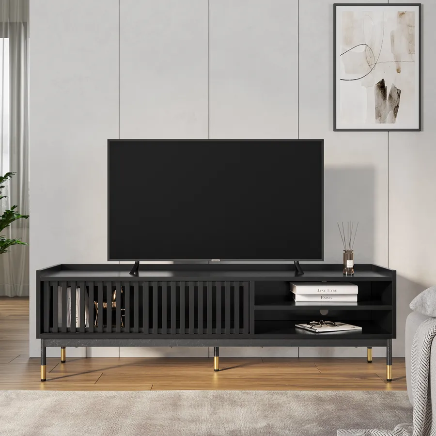 Mobile TV Rostock Con 2 Ante A Ribalta, Motivo Cannettato, Design Moderno E Piedini Slanciati – 200x51x38 Cm, Color Cashmere, Melaminico Resistente, Per Soggiorno Elegante E Ordinato