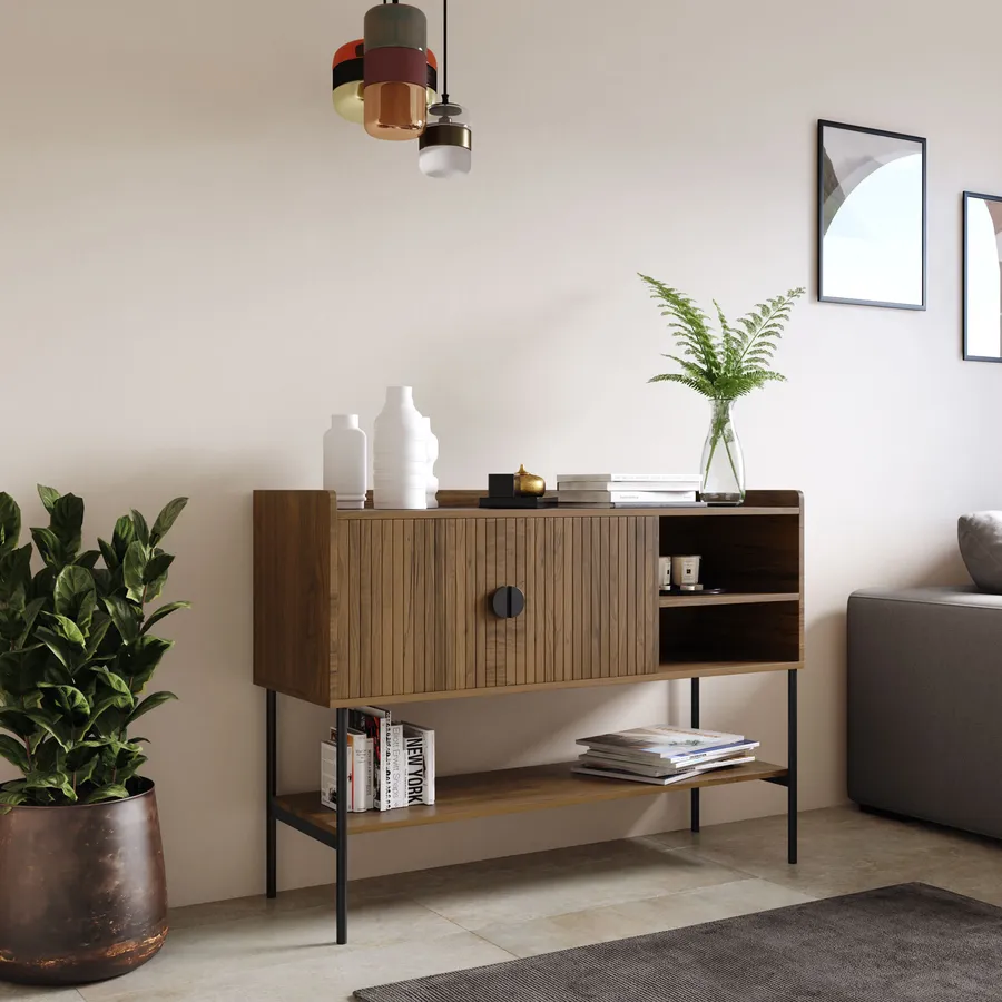 Credenza 6 Cassetti In Stile Retrò - 120x40x76 Cm, Noce, Ante In Rattan, Gambe In Legno
