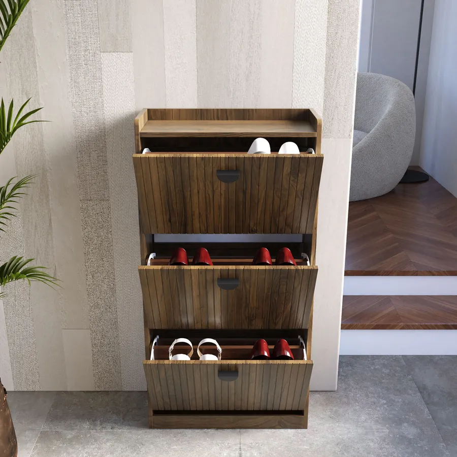 Scarpiera Smuxee Con 2 Cassetti Ribaltabili – Noce 60 Cm, Design Scanalato, Antiribaltamento