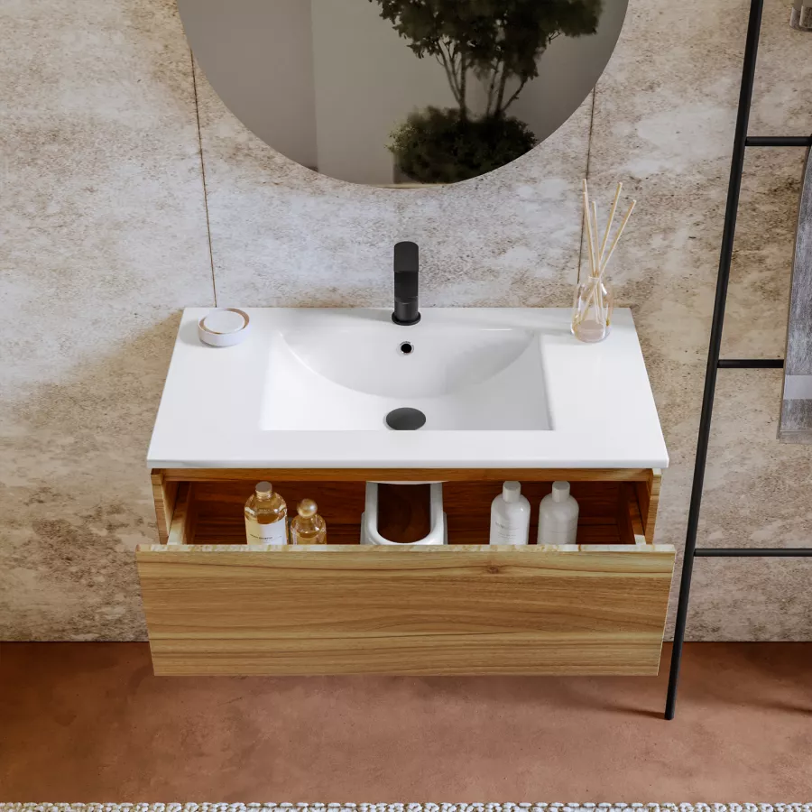 Mobile bagno sospeso 80 cm rovere sabbia con specchio - Alterego