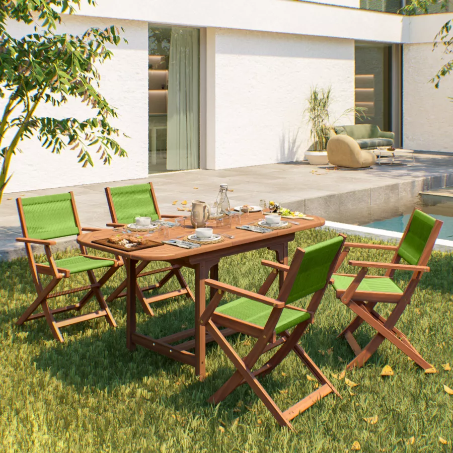 Set pranzo tavolo allungabile 120/160x80 cm e 4 sedie pieghevoli con  braccioli in legno di