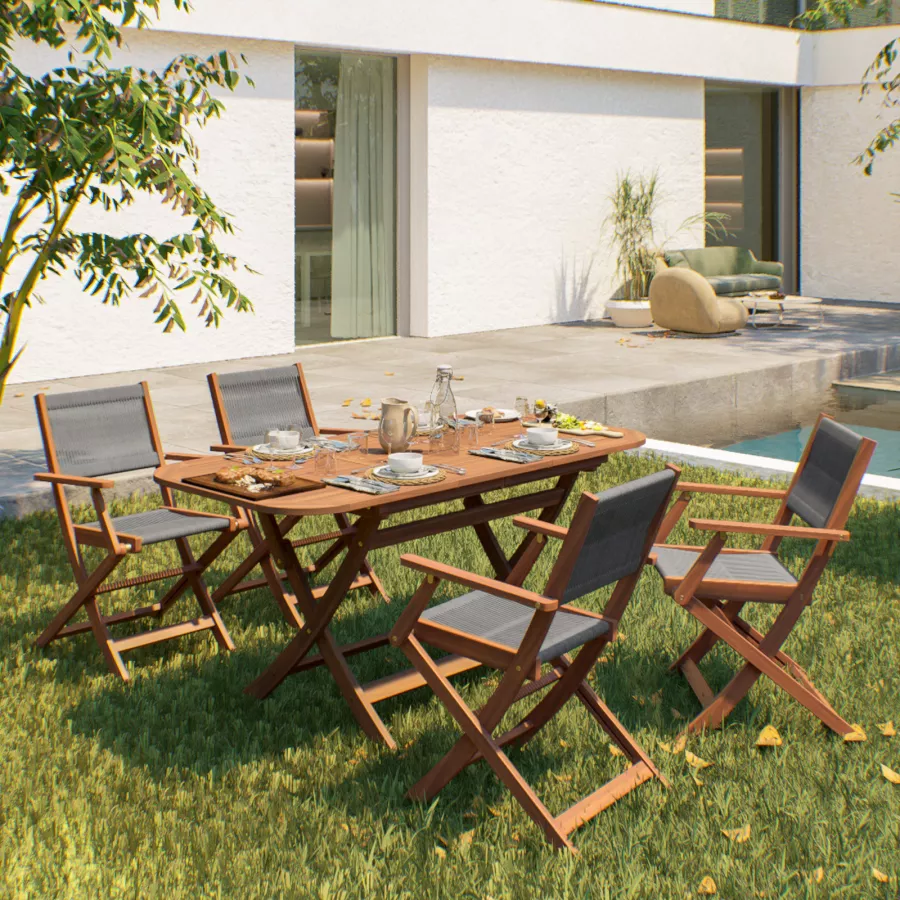 Set pranzo tavolo allungabile pieghevole 120/160x80 cm e 4 sedie pieghevoli  con braccioli legno di