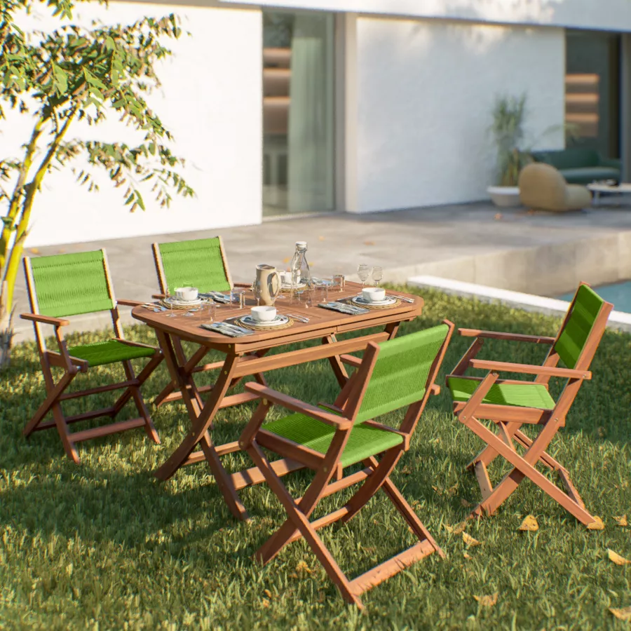 Set pranzo tavolo allungabile pieghevole 120/160x80 cm e 4 sedie pieghevoli  con braccioli in legno