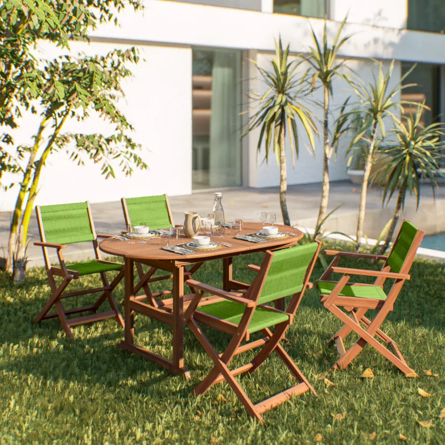 Set pranzo tavolo ovale allungabile 150/200X90 cm e 4 sedie pieghevoli con  braccioli in legno di acacia e corda verde - Yadira