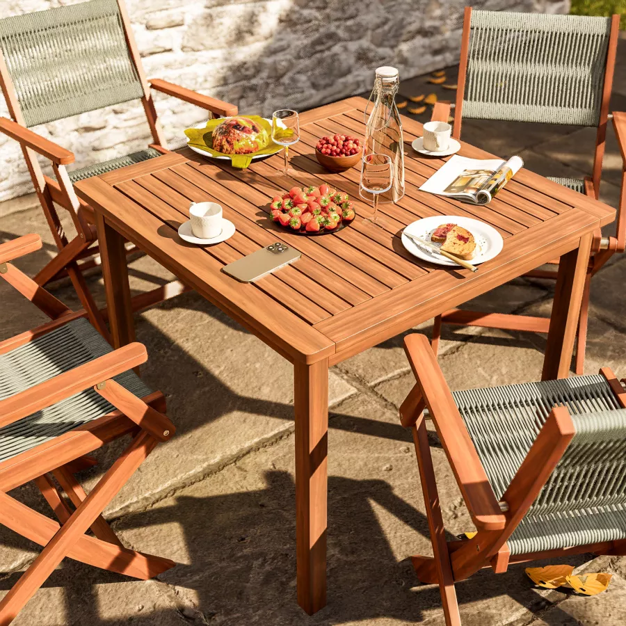 Set pranzo tavolo 90x90 cm e 4 sedie pieghevoli con braccioli in legno di  acacia e