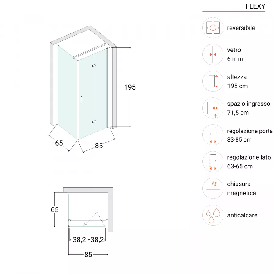 Box doccia 65x85 cm a soffietto vetro anticalcare fumé e profilo nero opaco  195h - Flexy