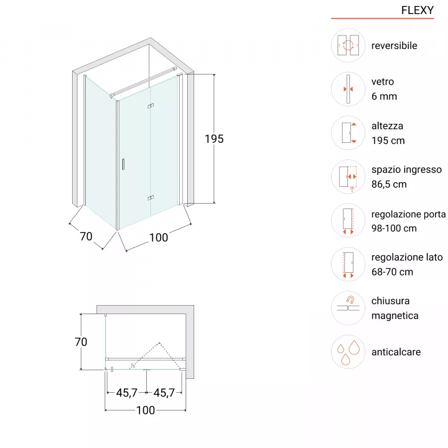 Box doccia 70x100 cm a soffietto vetro anticalcare fumé e profilo nero  opaco 195h - Flexy