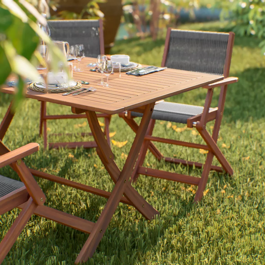 Set pranzo tavolo pieghevole 150x90 cm e 4 sedie pieghevoli con braccioli  in legno di acacia