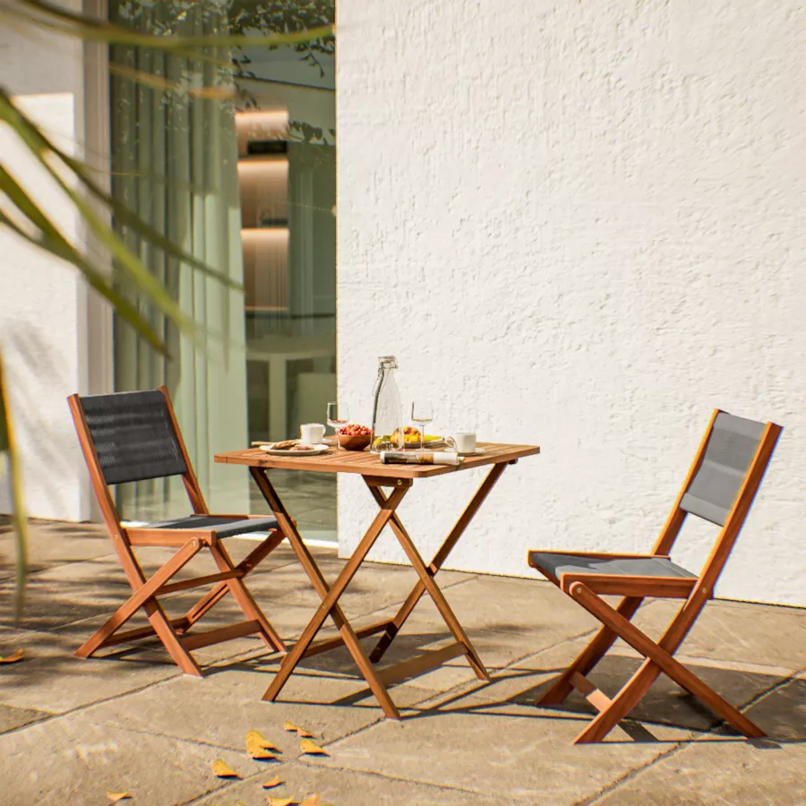 Set bistrot tavolo pieghevole 70x70 cm e 2 sedie pieghevoli in legno di  acacia e corda