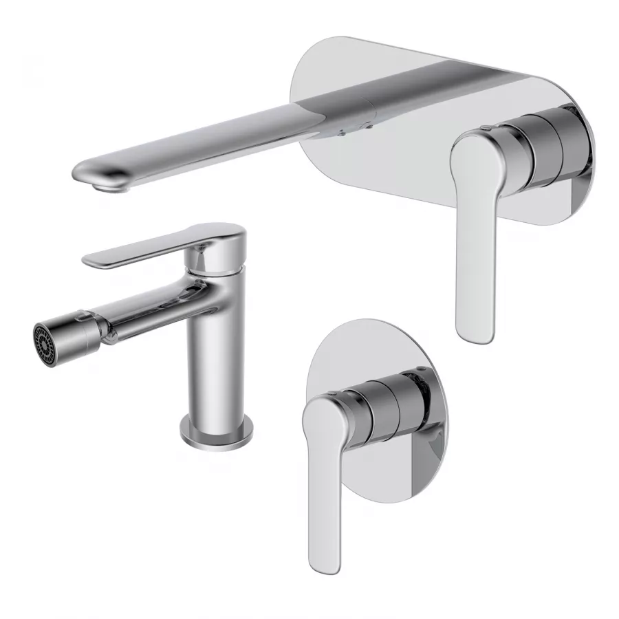 Set Miscelatore Lavabo A Muro Con Piastra E Bidet Con Incasso Doccia Cromo Tila