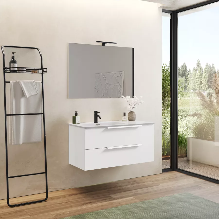 MOBILE BAGNO A TERRA 56,5 CM CON LAVABO E SPECCHIO BIANCO, EASY