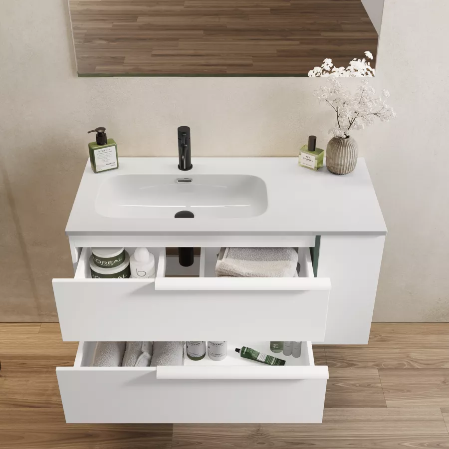 Mobile bagno sospeso 100 cm bianco opaco con vani laterali verde street e  specchio - Ecuador