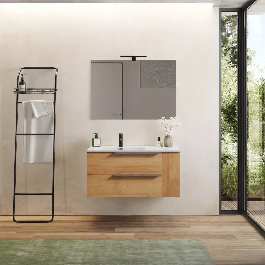 Mobile Bagno Sospeso 65 cm Rovere Antracite con Specchio Contenitore Trend  - Spazio