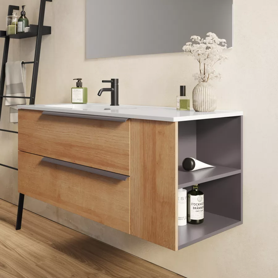 Mobile bagno sospeso 120 cm rovere heritage con vani laterali antracite e  specchio - Ecuador