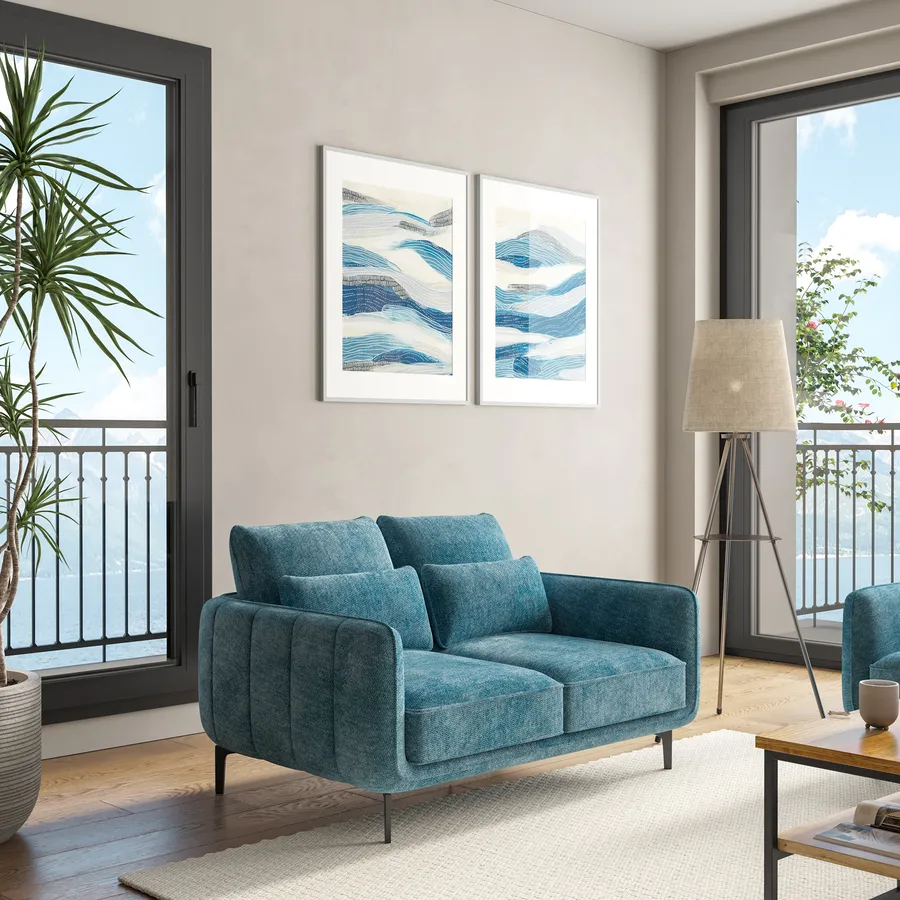 Divano posti in tessuto ciniglia blu petrolio con gambe in