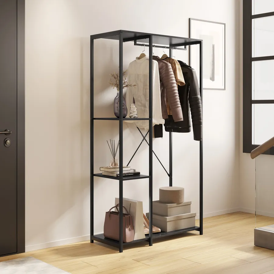 Well Home Appendiabiti Con 4 Ripiani: Struttura In Ferro Nero, H.155 Cm, 8 Ganci Inclusi. Soluzione Salvaspazio