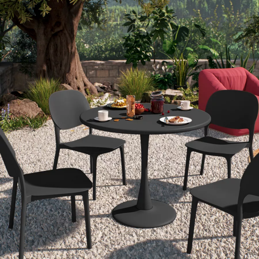 Set pranzo tavolo rotondo 90 cm e sedie impilabili in