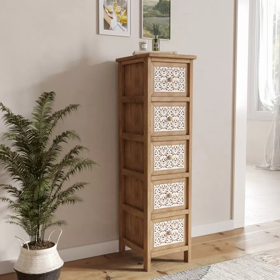 Cassettiera VERTICALE Verdelook – 5 Cassetti, Legno Naturale E Bianco, Misure 26x32x98 Cm. Perfetta Per Bagno, Lavanderia, Spazio Ridotto.