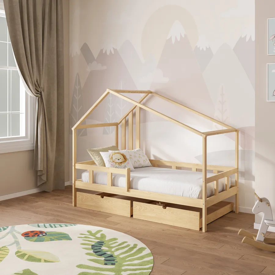 KOBI Letto Per Bambini 120x60 Cm Con Ringhiera – Legno Di Pino Naturale, Colore Lila, Struttura Bassa E Robusta