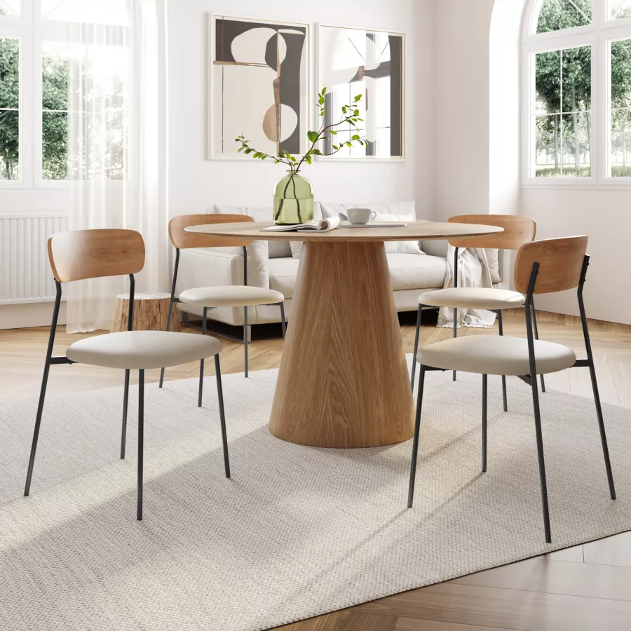 Set 4 sedie con seduta in similpelle beige e schienale effetto legno -  Alabaster