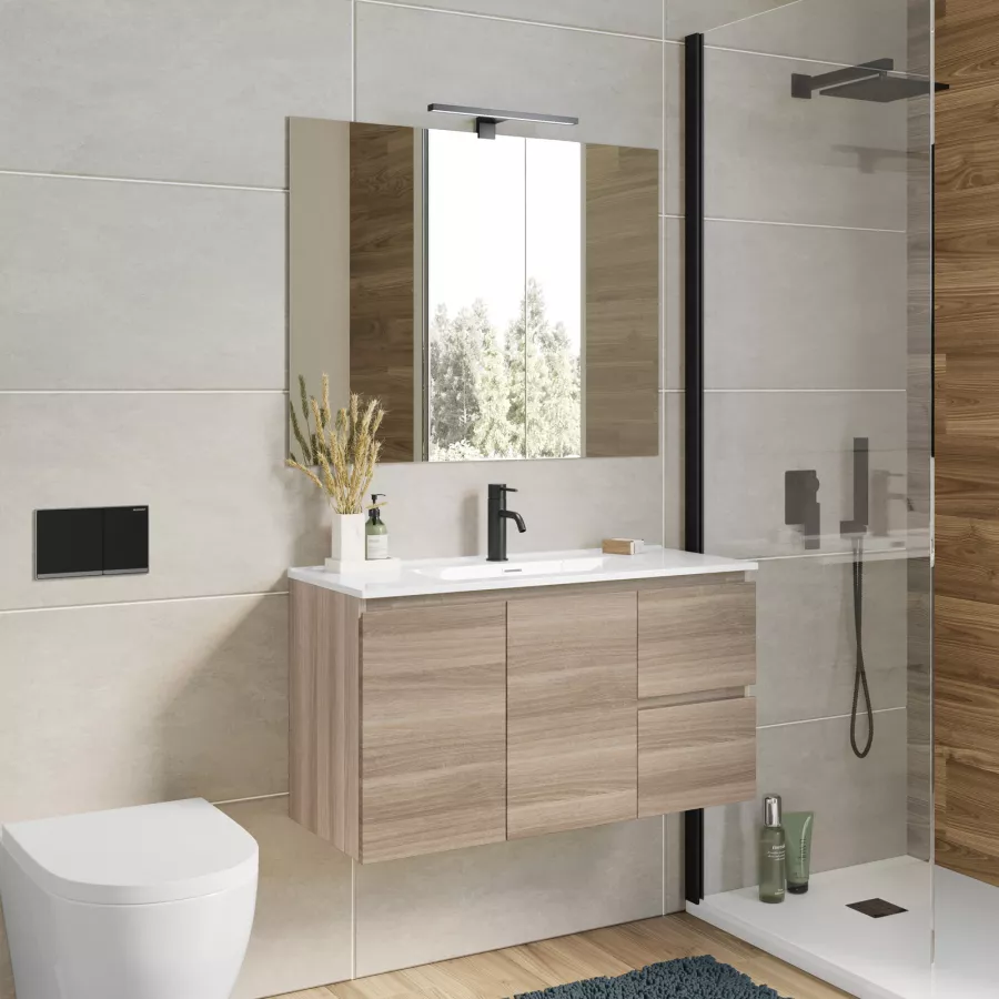 Mobile bagno sospeso 90 cm con doppia anta e doppio cassetto rovere chiaro  – Compact