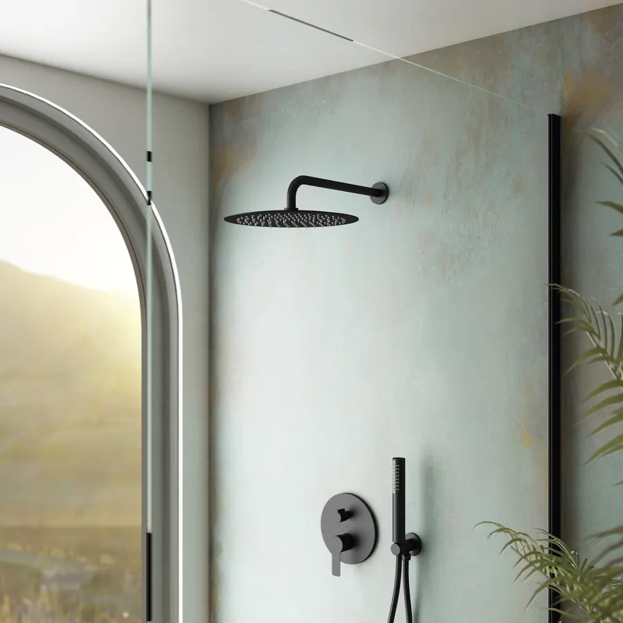 Kit Doccia Nero Opaco Con Braccio 40 Cm E Soffione Quadrato 40x40 Cm, In Acciaio Inox Con Snodo Orientabile E Ugelli Anticalcare