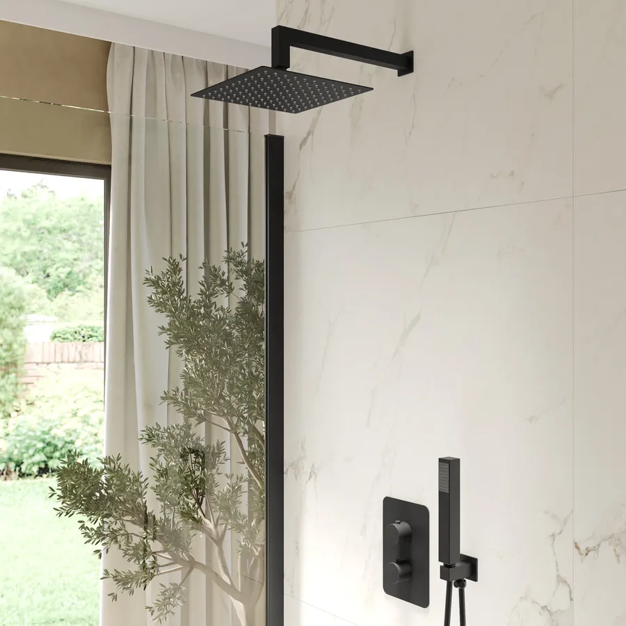 Kit Doccia Nero Opaco Con Braccio 40 Cm E Soffione Quadrato 40x40 Cm, In Acciaio Inox Con Snodo Orientabile E Ugelli Anticalcare