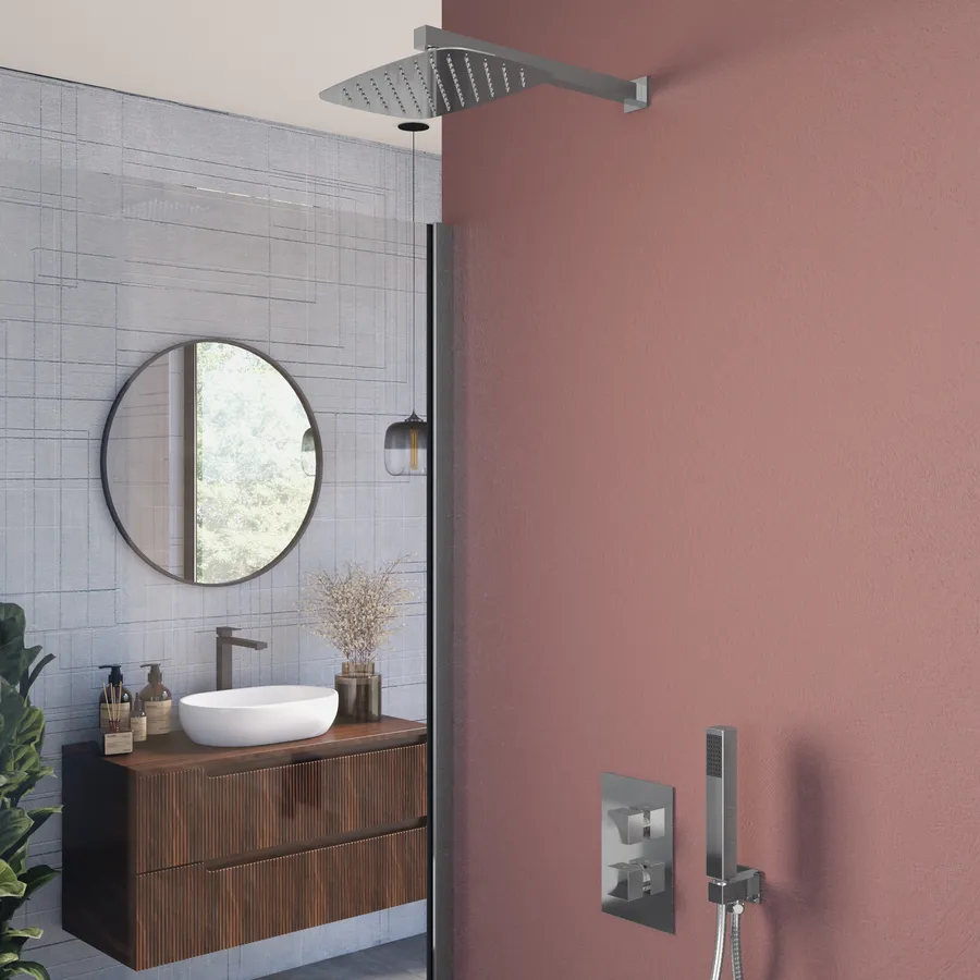 Set Incasso Doccia Con Braccio A Soffitto 20 Cm E Soffione 30x20 Cm Nero Acq5