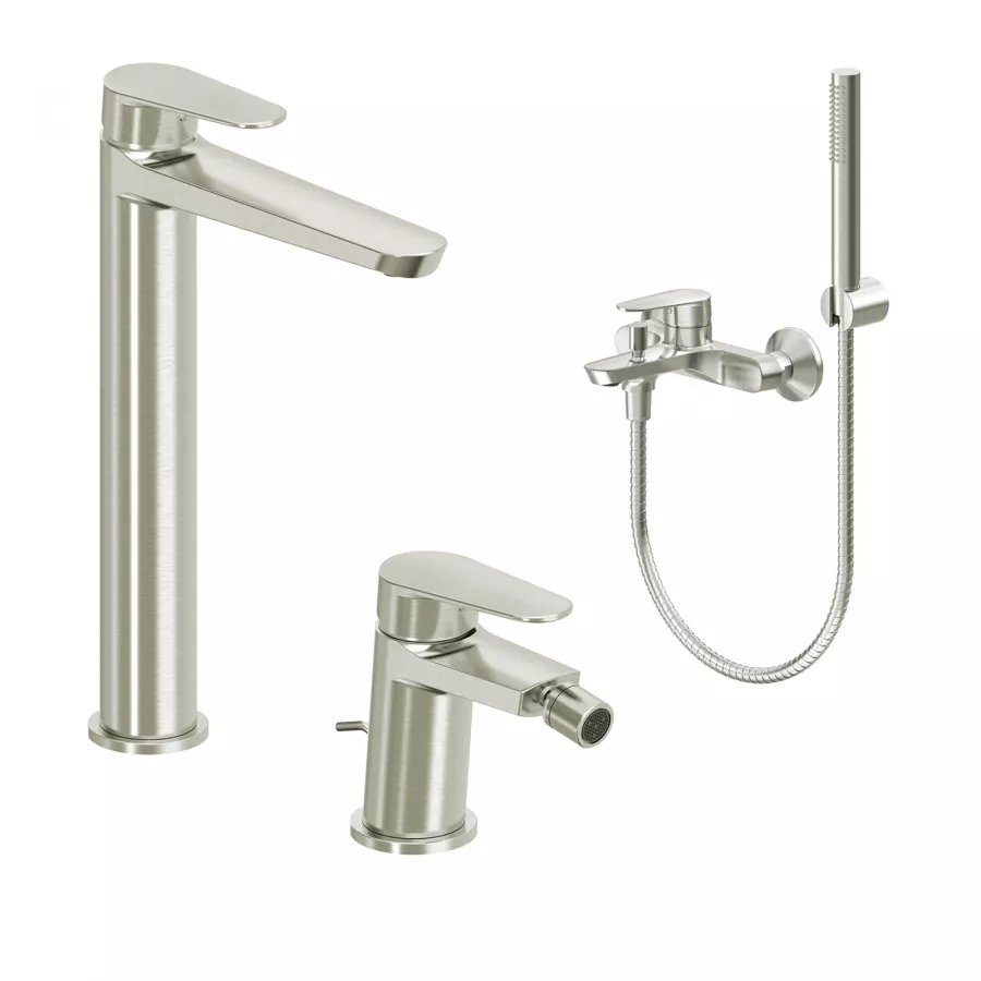 Set Miscelatore Lavabo Alto E Bidet Con Scarico Con Esterno Vasca Spazzolato Lir