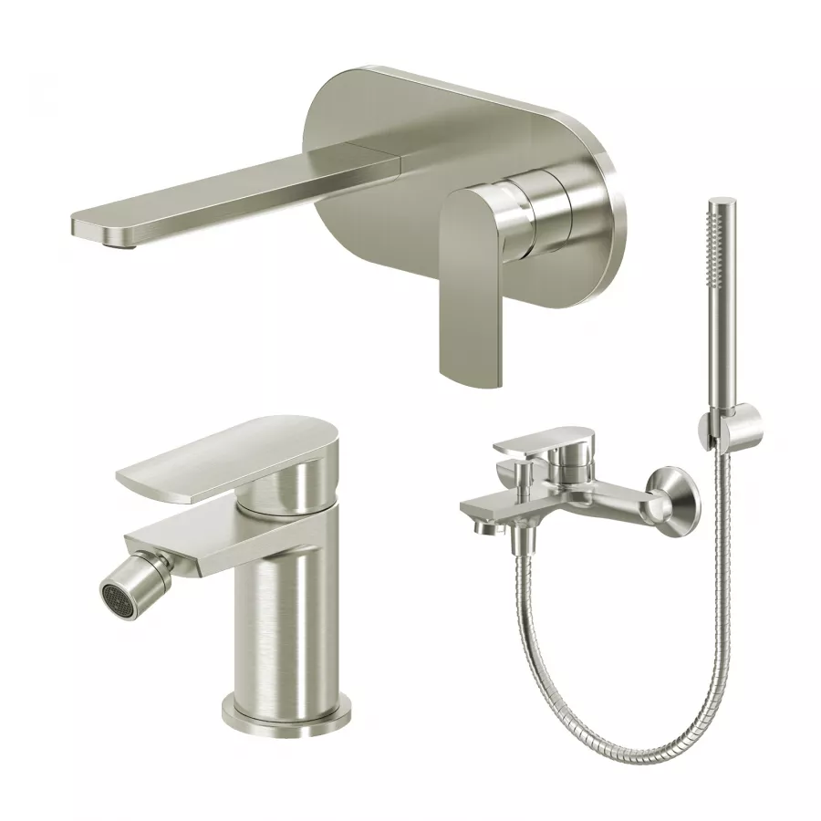 Set Miscelatore Lavabo A Muro Canna 20 Cm Con Piastra E Bidet Con Esterno Doccia Nero Spazzolato Fluid 1