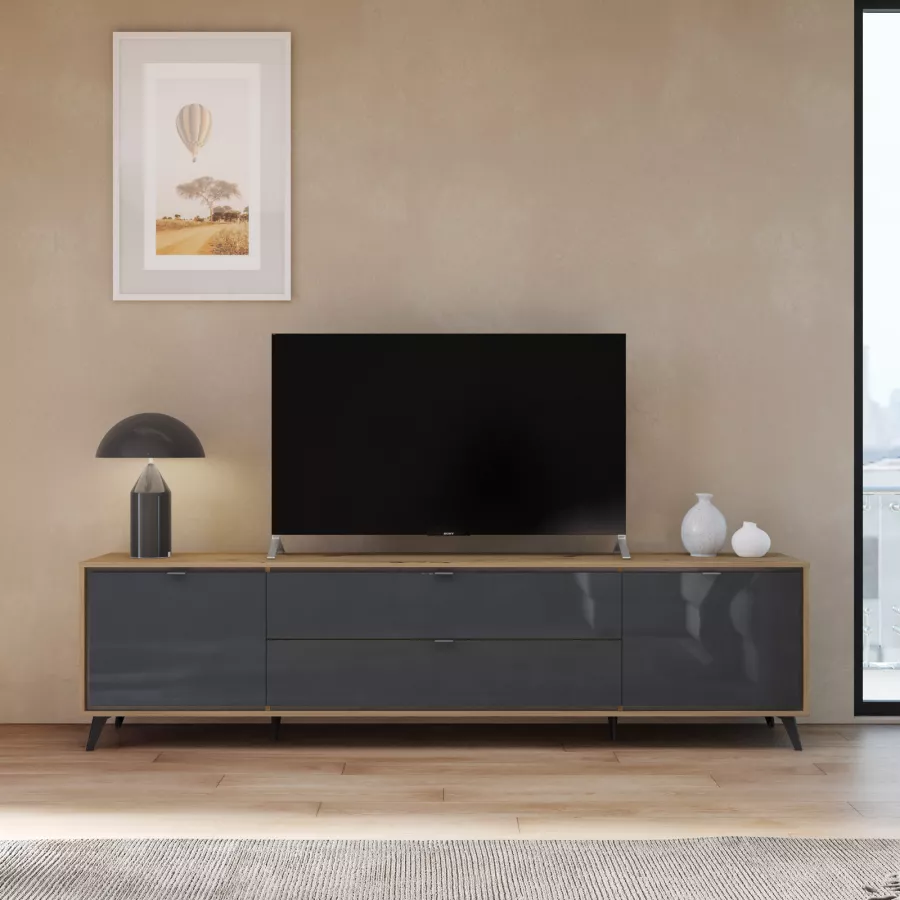 Mobile porta tv 242x64h cm rovere artisan e grigio titanio lucido con 2  ante e 2