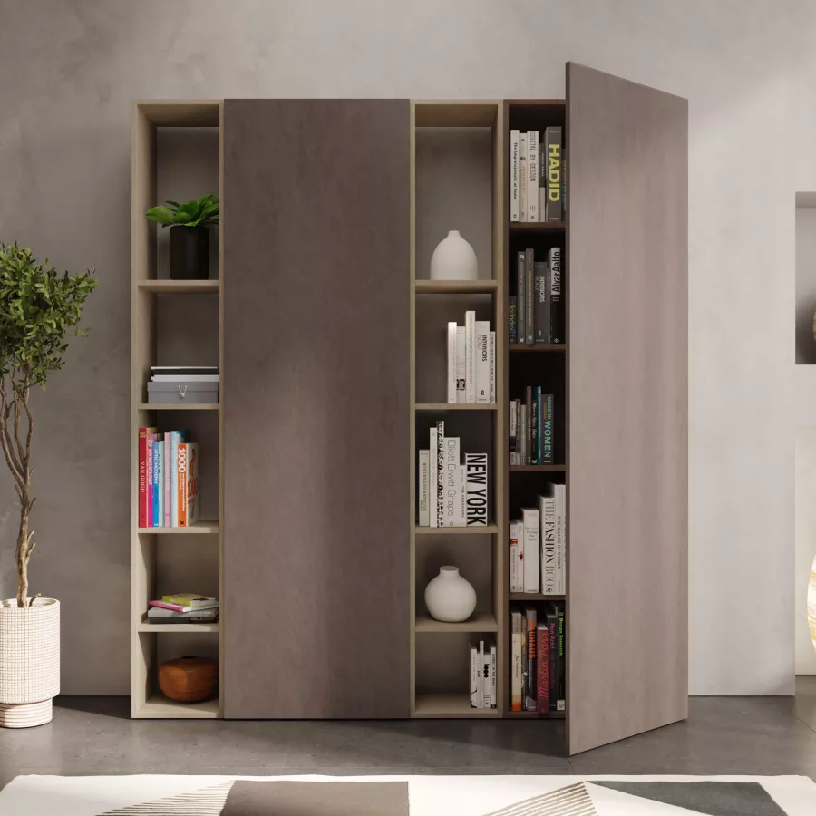 Libreria 166x186h cm 4 elementi bronzo con vani a giorno e 2 ante - Clary