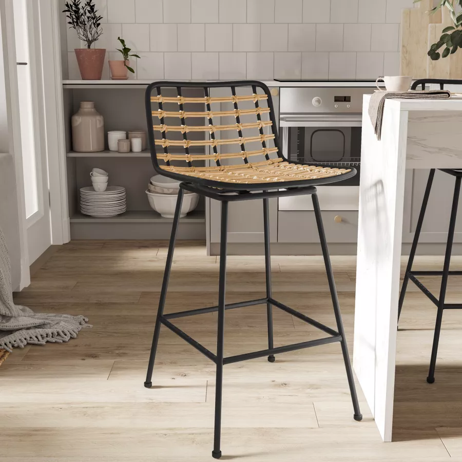 Bali & Pari Brooklyn Sgabello Ottomano Intrecciato In Rattan Naturale - Colore Miele Chiaro - Con Cuscino Rimovibile - 66 Cm