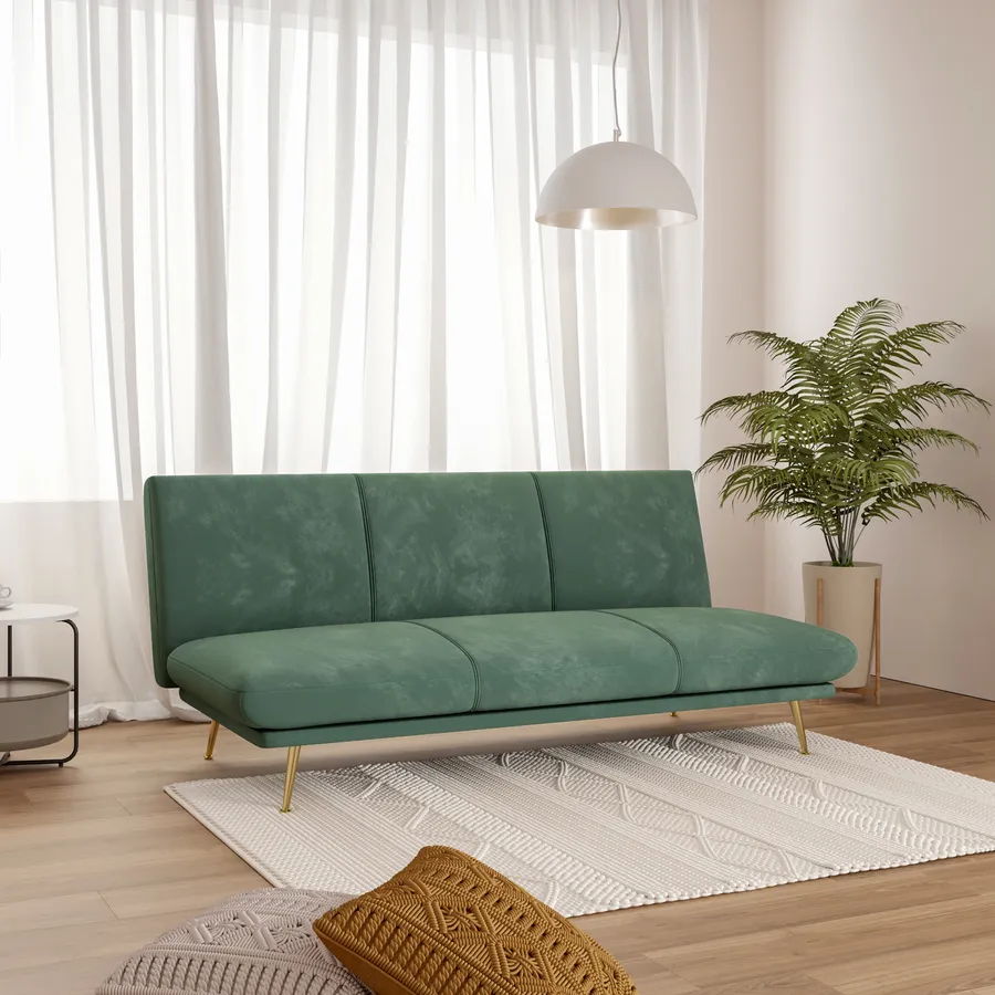 Divano letto posti reclinabile in velluto verde bosco e gambe