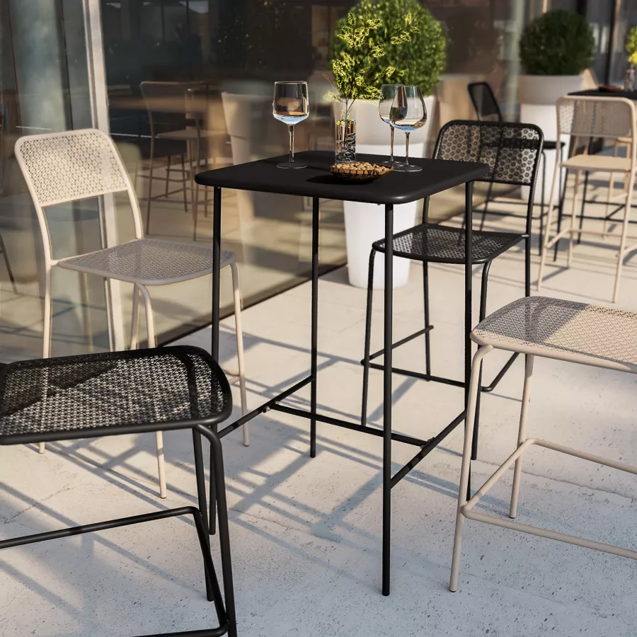 Set con tavolo alto 60x60 cm e 4 sgabelli in acciaio nero e tortora - Faber