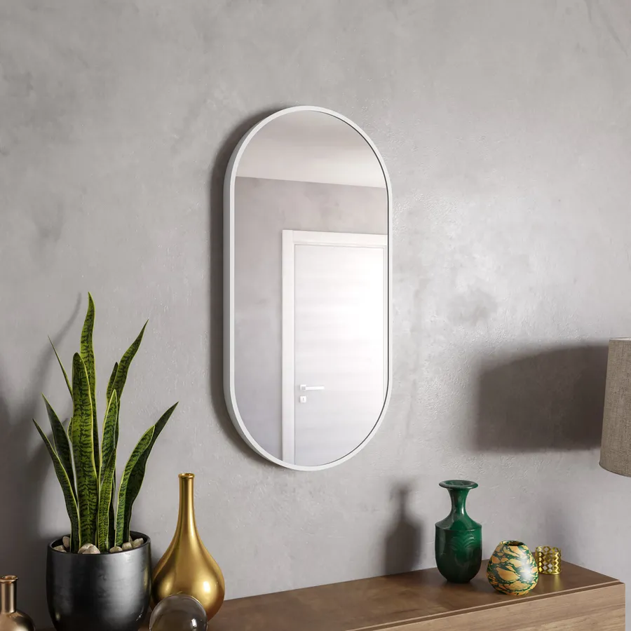 Specchio Curvo A Figura Intera 40x150 Cm - Cornice Bianca In Alluminio, Antidistorsione, Per Parete O Appoggio