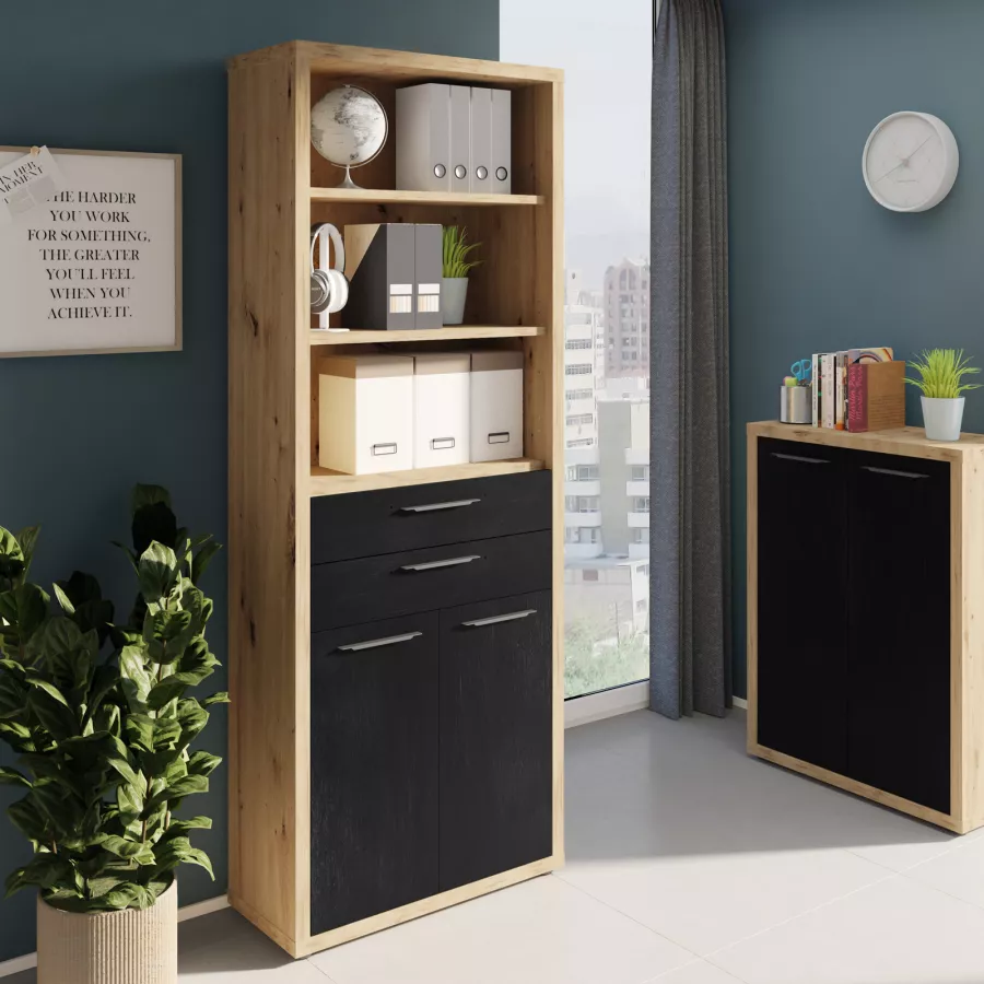 BIM Furniture Cassettiera AURIS 4D 180 Cm – 4 Ante, Rovere Artisan E Nero Opaco, Mobile Contenitore Fai Da Te