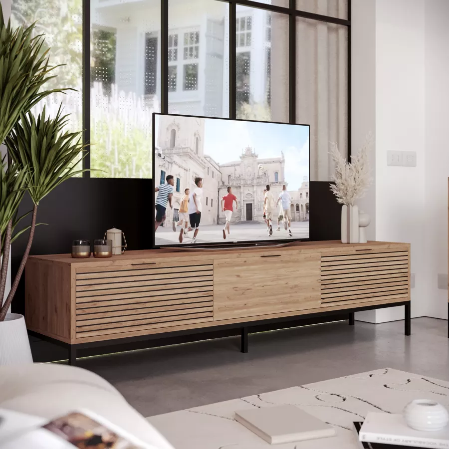 Mobile TV Moderno Con Ante Strutturate E Maniglie Dorate - 170x40x45.5cm | Nero/Grigio Con Piedini Oro - Foto 8